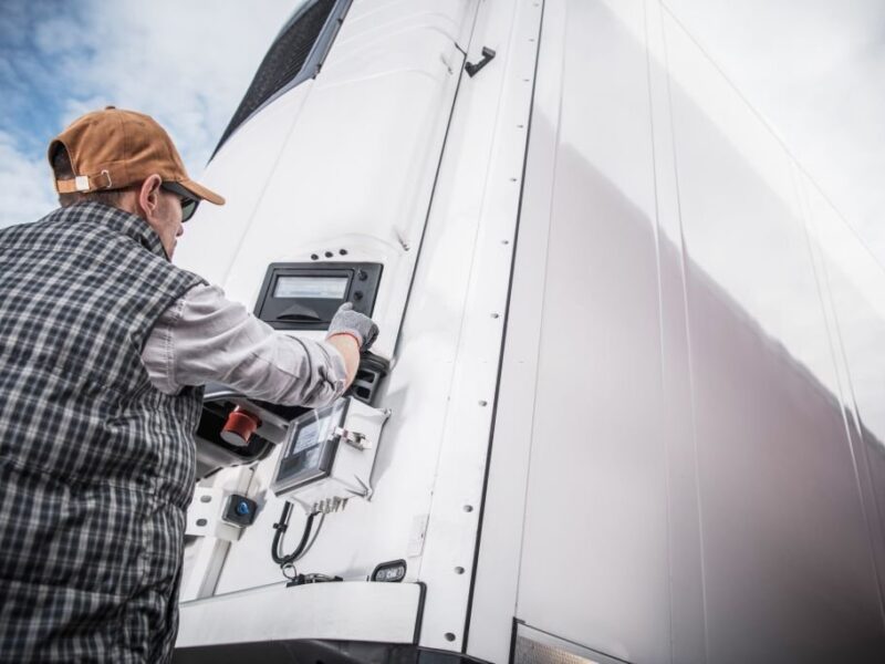 Refrigerated Semitrailer Cargo. Adjusting Temperature by Caucasian Truck Driver.
